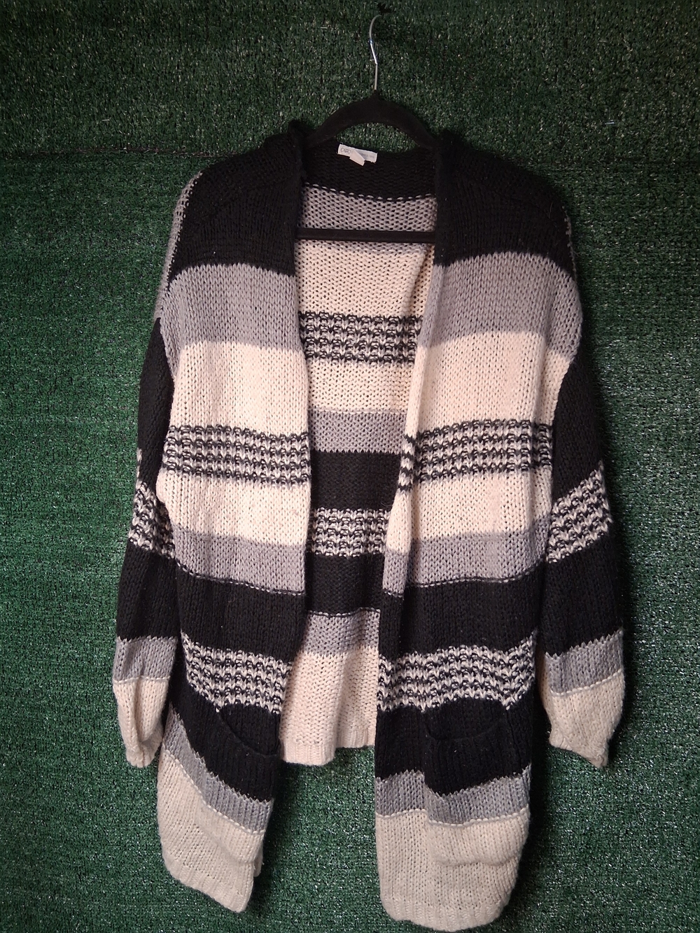 Cato Black, Gray & Cream Striped Open-Front Cardigan